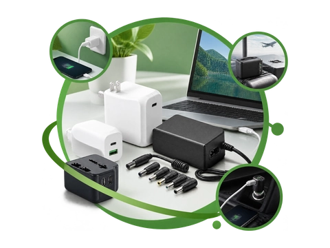 AI-generated image: two US-plug wall-mount power adapters from the 24W range, one showing its cable
