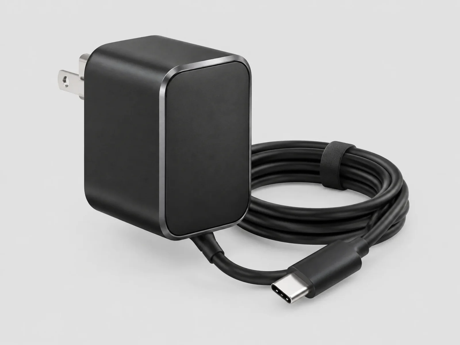 Black desktop power adapter brick with C14 inlet and DC cable