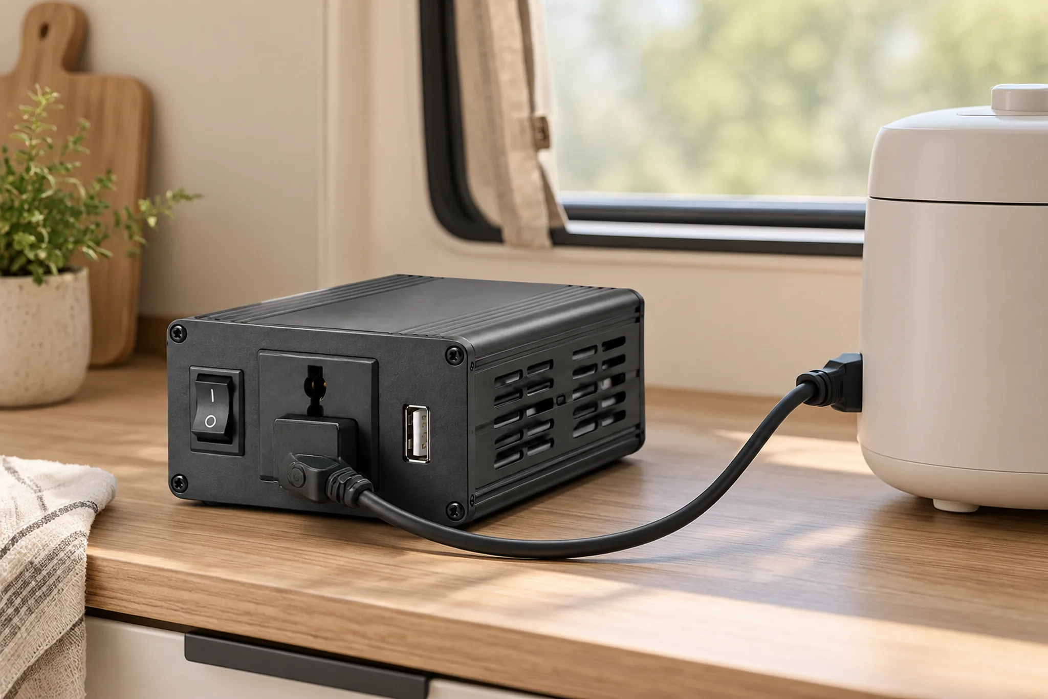 A compact power inverter on a kitchen counter powering a rice cooker in a recreational vehicle.