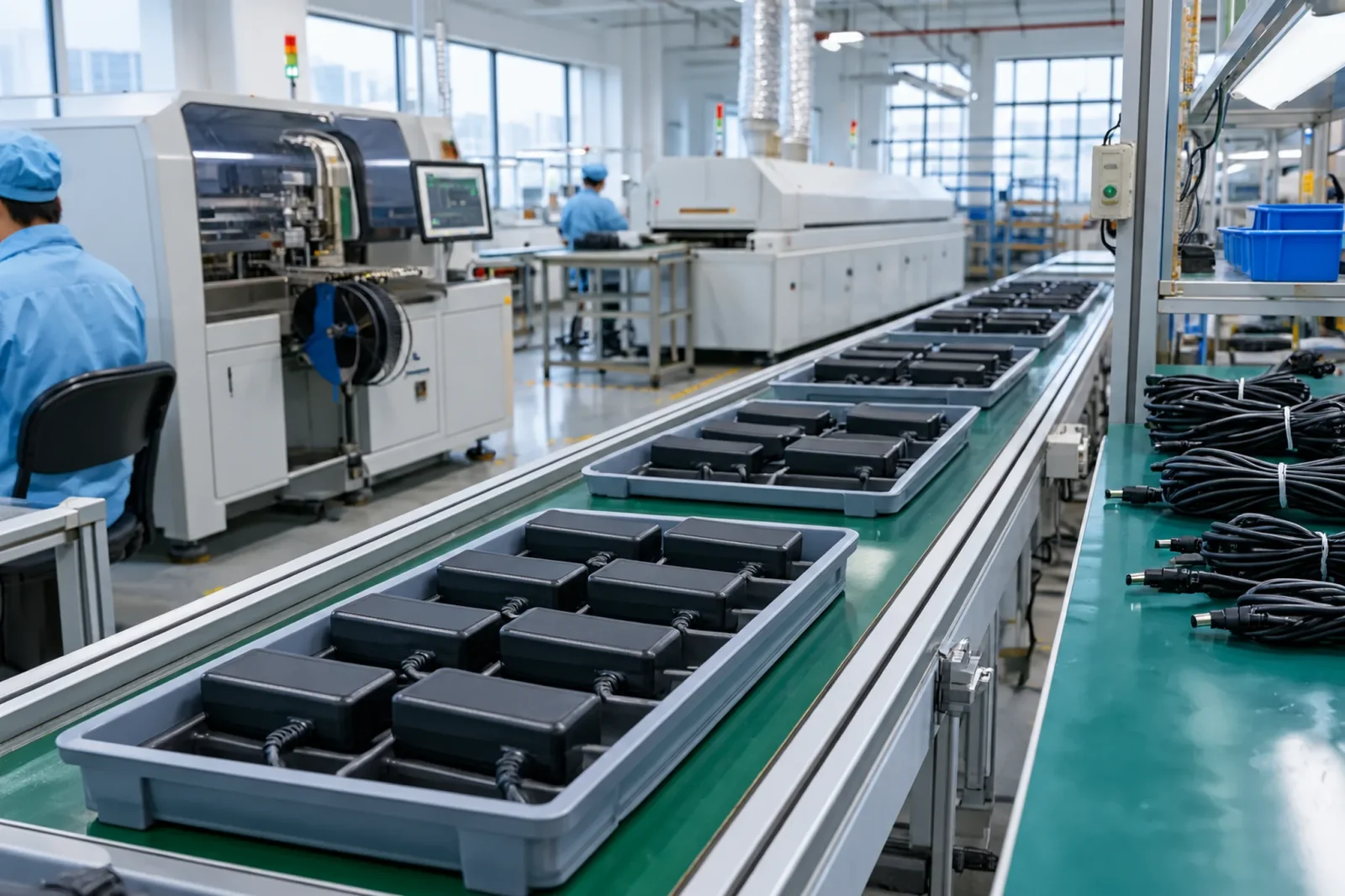 Tidy electronics assembly line with black power adapter housings and circuit boards in trays