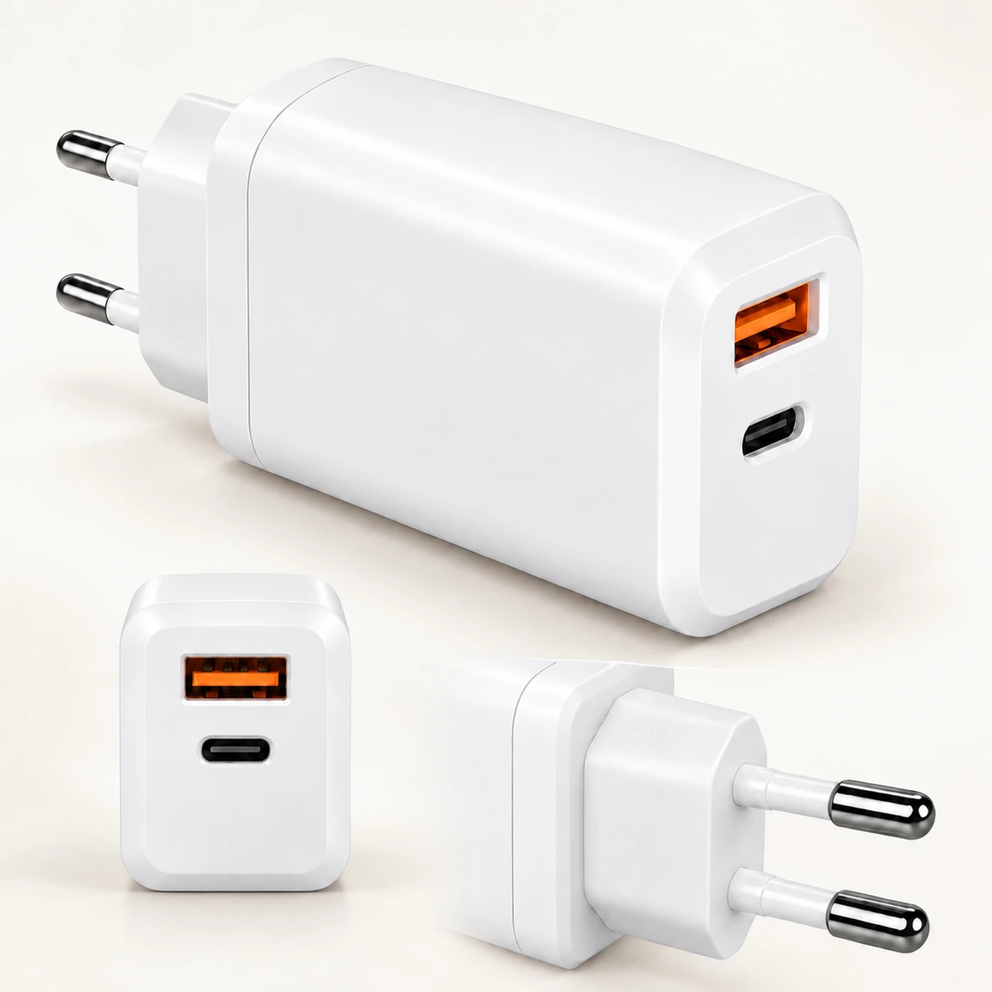 45 W EU charger with a USB-C and a USB-A port, plus the plug face